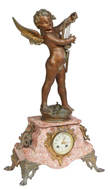 French Bronze Patinated Spelter and Marble Mantel Clock, c. 1890, surmounted by a gilt spelter (1 of 1)