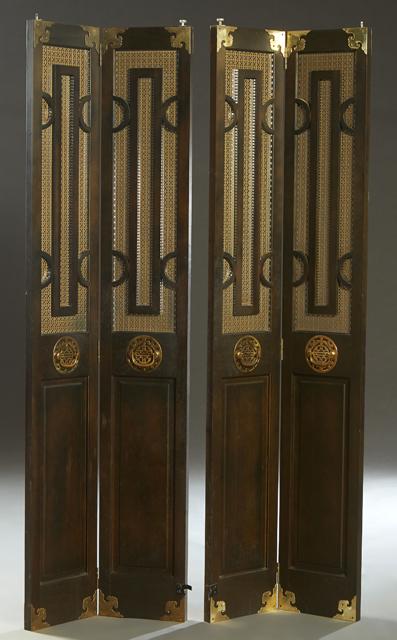 Pair of Oriental Style Brass and Black Lacquer Folding Double Closet Doors, 20th c., with brass (1 of 1)