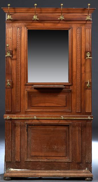 French Carved Walnut Hall Stand, c. 1900, the stepped crown over three double brass hat and coat (1 of 6)