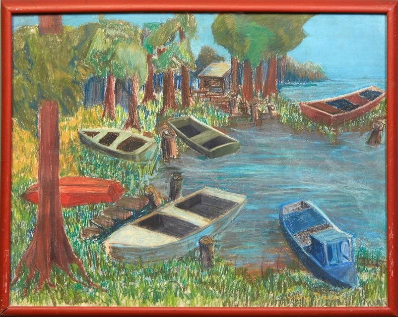 Cary Davis, "Boats on the Bayou," 20th c., pastel on paper, signed lower right, presented in a (1 of 4)
