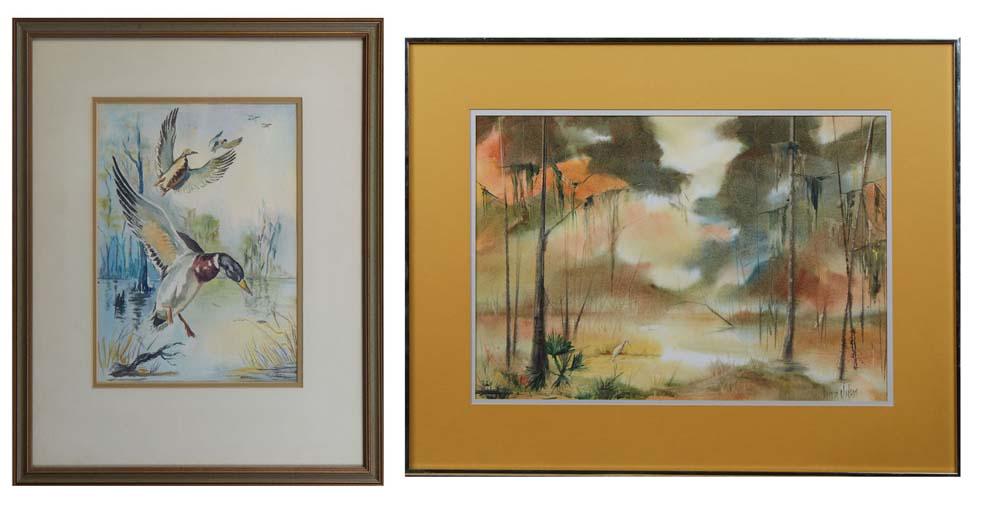 Two Watercolors, Belle Schott (1921-2017, New Orleans), "Ducks in Flight," 20th c., watercolor on (1 of 10)