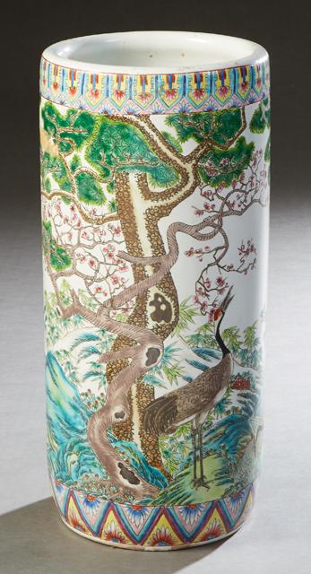 Chinese Famille Verte Porcelain Umbrella Stand, 20th c., with crane and landscape decoration, the: Chinese Famille Verte Porcelain Umbrella Stand, 20th c., with crane and landscape decoration, the bottom with an impressed chop mark, H.- 18 3/4 in., Dia.- 8 1/2 in.