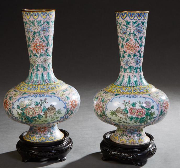 Pair of Chinese Enameled Copper Baluster Vases, 20th c., the everted rim over a tapered floral and (1 of 3)