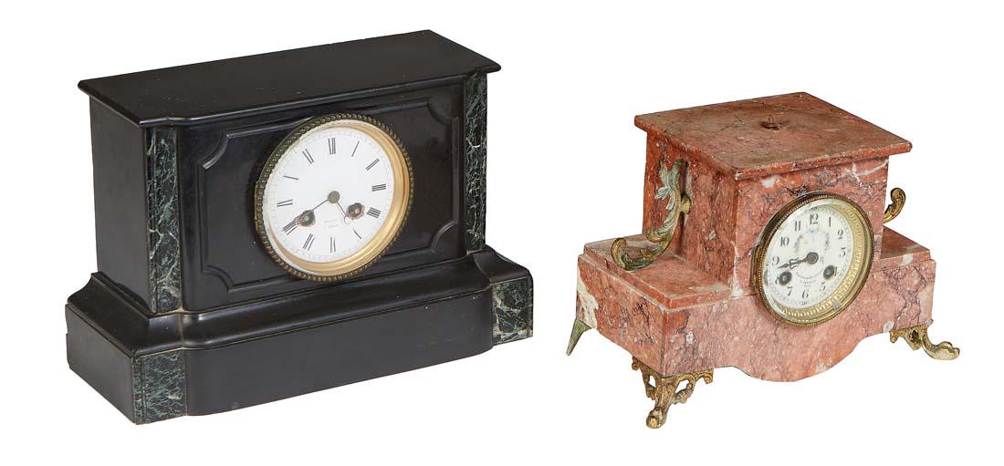 Two French Marble Mantel Clocks, c. 1880, one of stepped rouge marble with gilt spelter mounts, over (1 of 1)