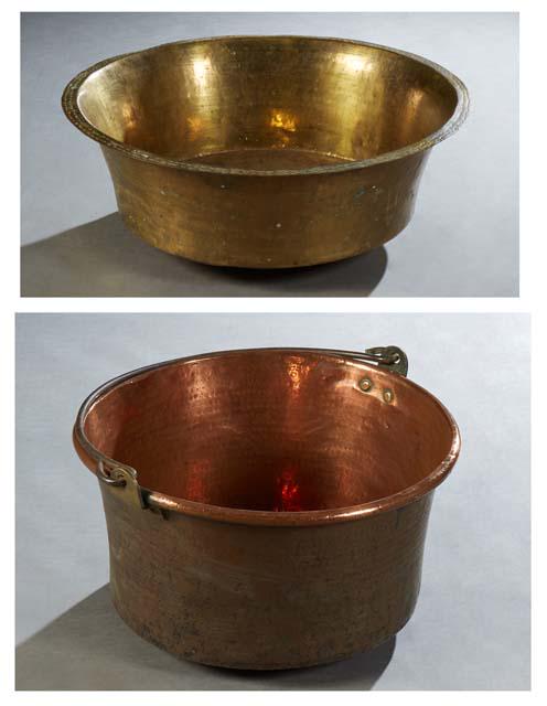 Two Large Pieces of French Cookware, 19th c., consisting of a copper pot with a folding iron handle (1 of 3)