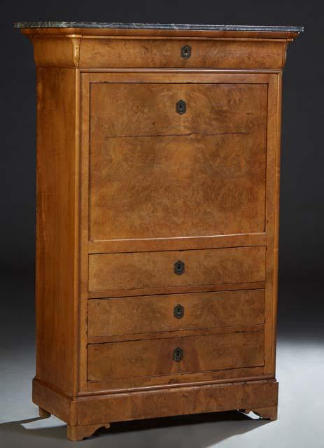 French Louis Philippe Carved Walnut Marble Top Secretary Abattant, 19th c., the reeded rounded edge (1 of 2)