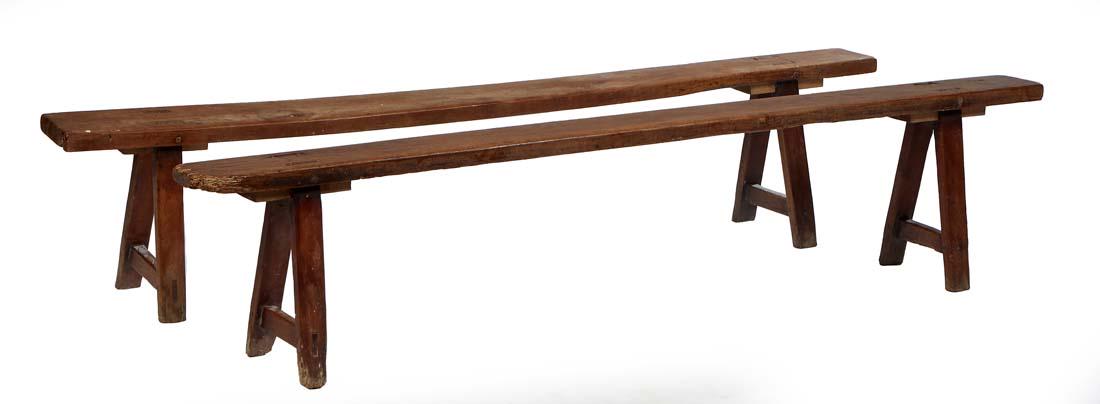 Pair of French Provincial Carved Cherry Benches, early 20th c., the rectangular planks on two (1 of 1)
