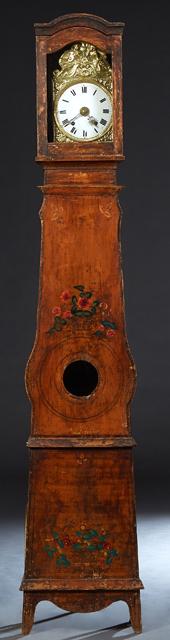 French Carved Pine Tallcase Clock, 19th c., the arched ogee crown over an enamel dial time and (1 of 1)