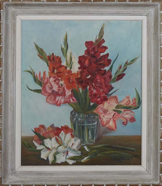Continental School, "Floral Still Life," 1955, oil on canvas, signed indistinctly "Bonnet" and dated (1 of 4)