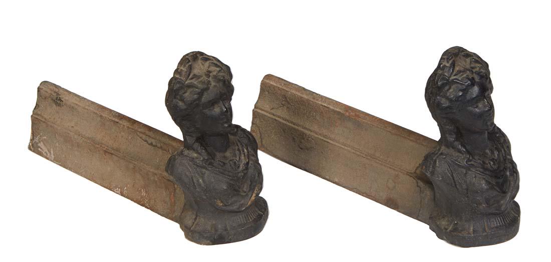 Pair of French Cast Iron Figural Andirons, 19th c., each with the bust of a woman, and iron log (1 of 1)