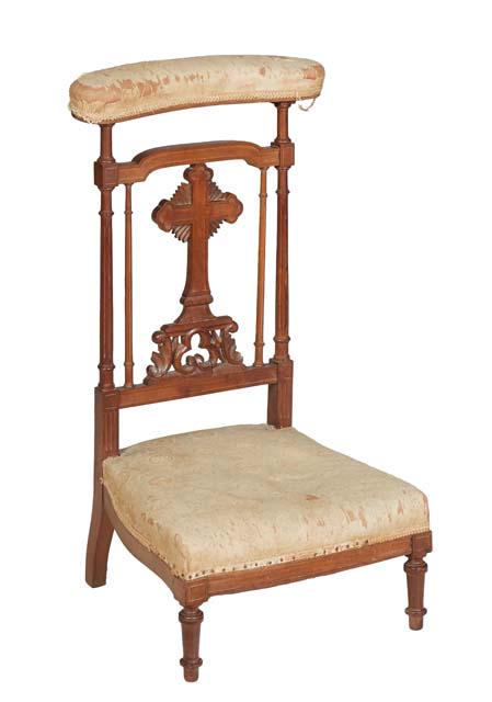 French Carved Walnut Prie Dieu, 19th c., the curved cushioned armrest over a cruciform back splat, (1 of 1)