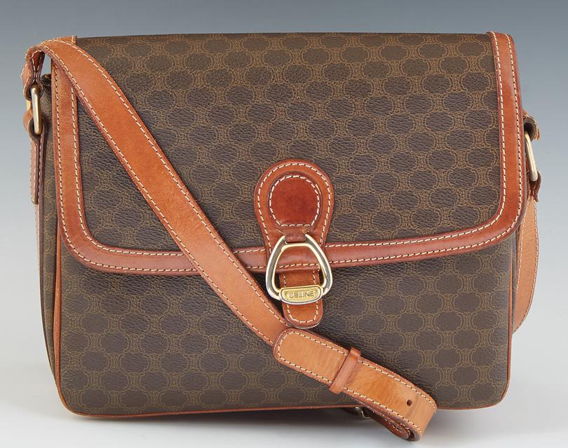 Celine Vintage Flap Shoulder Bag, in a brown macadam coated canvas, with golden brass hardware, with: Celine Vintage Flap Shoulder Bag, in a brown macadam coated canvas, with golden brass hardware, with a beige leather lined interior, H.- 7 in., W.- 9 in., D.- 2 3/4 in.