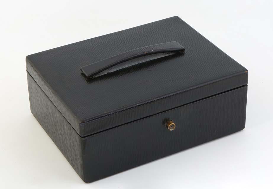 Asprey Green Leather Jewelry Box, early 20th c., the lid with a folding leather handle, opening to a (1 of 2)