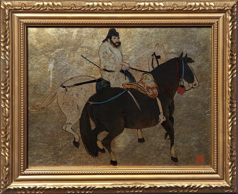 After Gan Han (706-783, China), "Man Herding Horses," 21st c., oil and gold leaf on lacquer, signed (1 of 4)