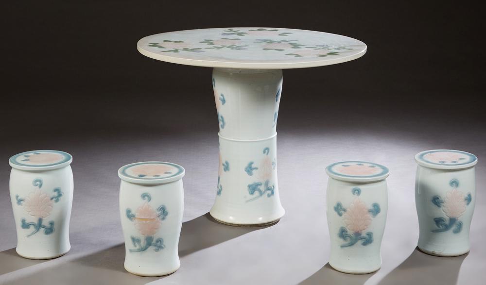 Chinese Porcelain Five Piece Patio Set, 20th c., consisting of a circular table with floral (1 of 1)