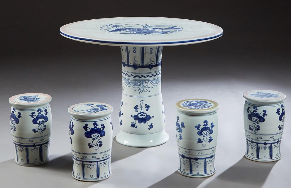 Chinese Five Piece Porcelain Patio Set, 20th c., consisting of a circular table with a pink banded (1 of 1)