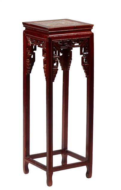 Chinese Carved Mahogany Marble Top Plant Stand, 20th c., the inset figured brown marble stepped top (1 of 1)