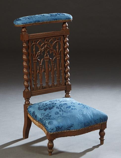 French Carved Oak Gothic Style Prie Dieu, 19th c., the upholstered cushioned arm rest over a pierced (1 of 1)