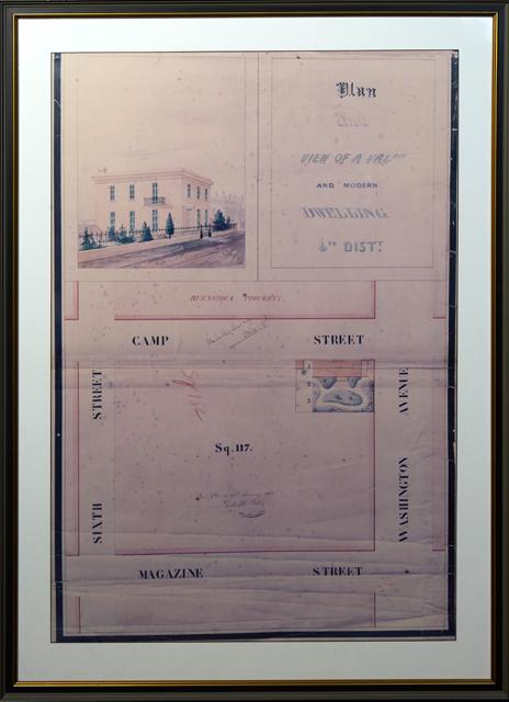 Color Copy of a 19th c. New Orleans Real Estate Plan, for a property on Washington Avenue, in the: Color Copy of a 19th c. New Orleans Real Estate Plan, for a property on Washington Avenue, in the fourth district, presented in a gray and black frame with a gilt liner, H.- 39 1/2 in., W.- 26 1/2 in.