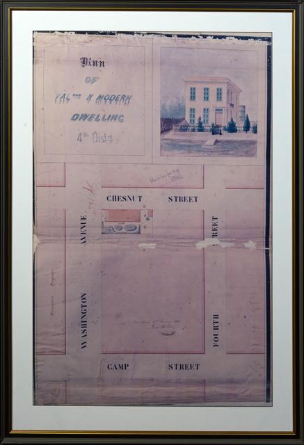 Color Copy of a 19th c. New Orleans Real Estate Plan, for a house on Chestnut Street, in the fourth: Color Copy of a 19th c. New Orleans Real Estate Plan, for a house on Chestnut Street, in the fourth district, presented in a gray and black frame with a gilt liner, H.- 34 1/2 in., W.- 25 1/4 in.