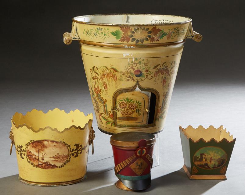Group of Four Painted Tole Pieces, consisting of a heatable water bucket, patented 1851; an oval (1 of 1)