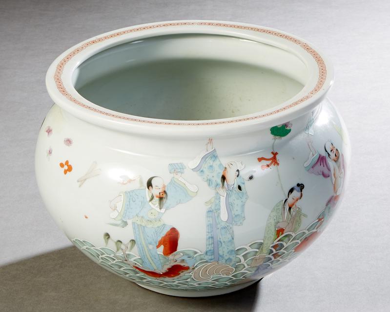 Large Japanese Baluster Porcelain Bowl, early 20th c., with figural and crane decoration, one side: Large Japanese Baluster Porcelain Bowl, early 20th c., with figural and crane decoration, one side with calligraphic inscriptions, H.- 8 1/2 in., Dia.- 12 1/2 in. Provenance: The Collection of Ronald 