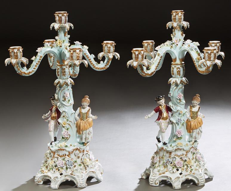 Pair of Meissen Style Polychromed and Gilt Decorated Five Light Figural Candelabra, 20th c., with a (1 of 2)