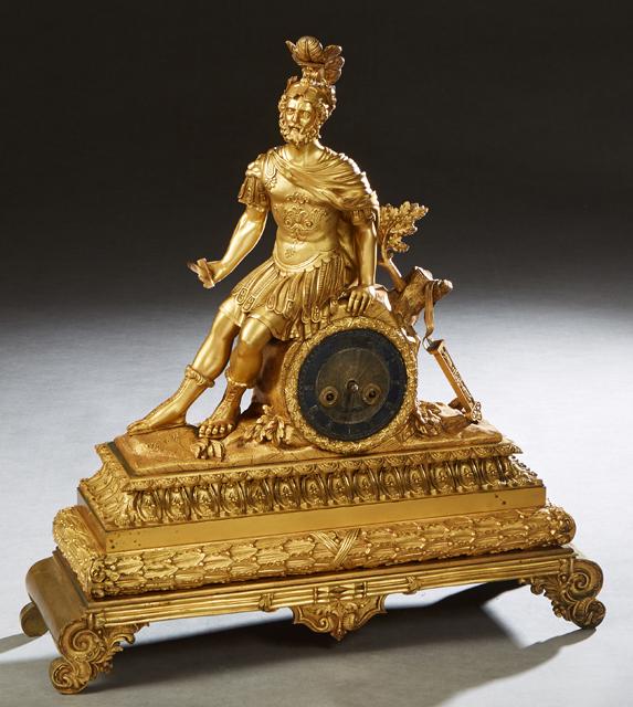 Continental Gilt Bronze Figural Mantel Clock, 19th c., with a seated figure of a classical warrior, (1 of 1)