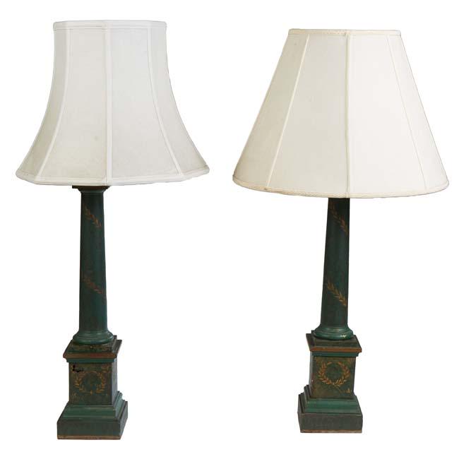 Pair of Green Tole Columnar Table Lamps, 20th c., with gilt decoration, on a stepped square base,: Pair of Green Tole Columnar Table Lamps, 20th c., with gilt decoration, on a stepped square base, H.- 22 in., W.- 5 1/4 in., D.- 5 1/4 in.