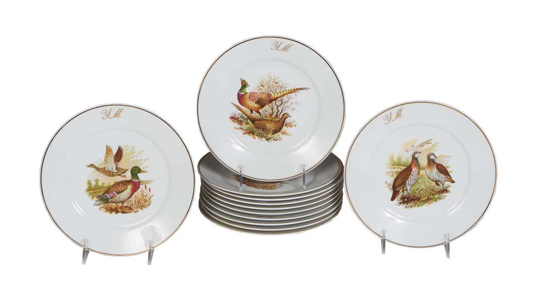 Set of Twelve Limoges Porcelain Game Bird Plates, 20th c., by Limoges Porcelaine, with gilt rims (1 of 2)