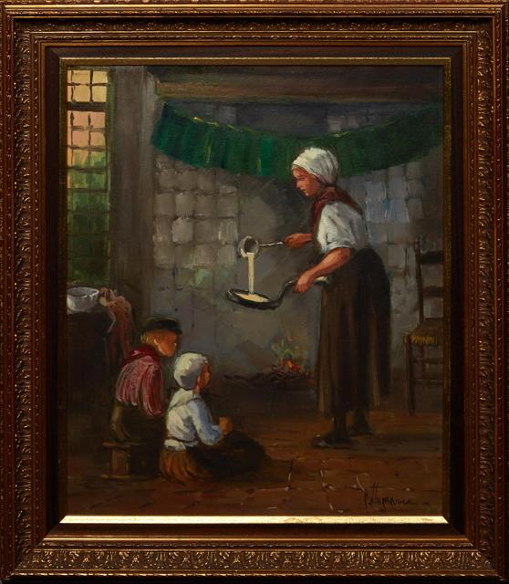 Dutch School, "Mother and Children in the Kitchen," 20th., signed indistinctly lower right, (1 of 4)