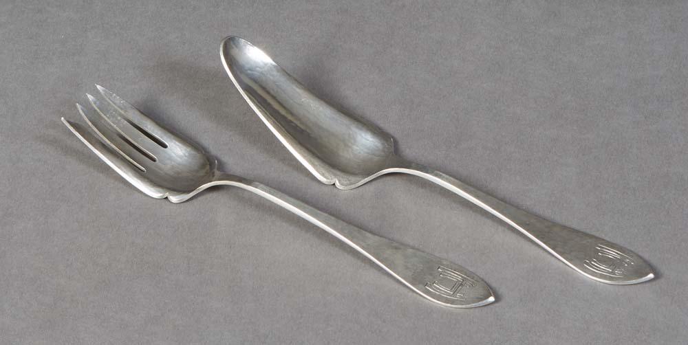 Two Kalo Sterling Silver Serving Pieces, early 20th c., consisting of a hand hammered silver serving (1 of 3)