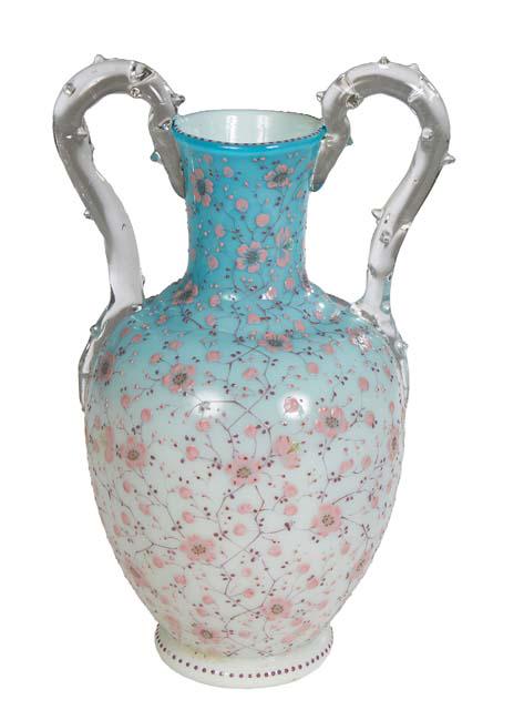 Thomas Webb Handled Vase, 19th c., with enameled floral decoration and applied clear glass handles: Thomas Webb Handled Vase, 19th c., with enameled floral decoration and applied clear glass handles with thorn motif, unsigned, but bears a mold number 6162 on the underside, H.- 10 in., W.- 6 in., D.-