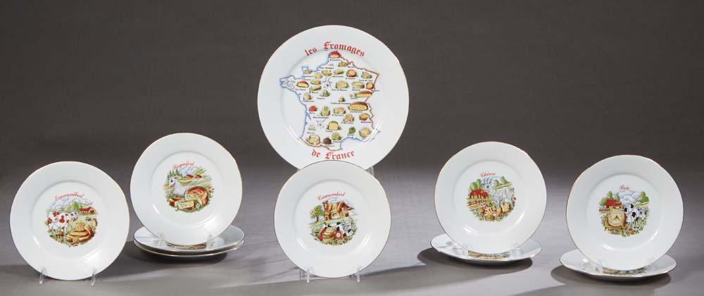Ten Piece Limoges Porcelain Cheese Set, 20th c., "Les Fromages de France," with nine circular plates (1 of 2)