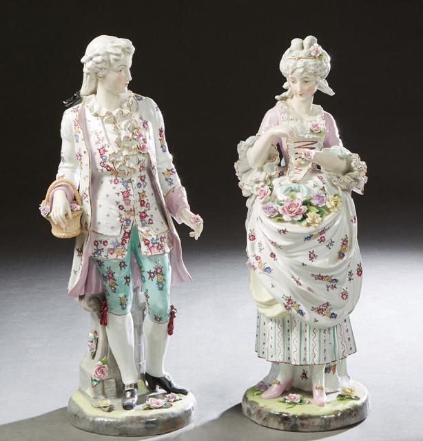 Pair of Large German Style Porcelain Figures, 20th c., of a man and a lady in 18th c., dress, on (1 of 2)