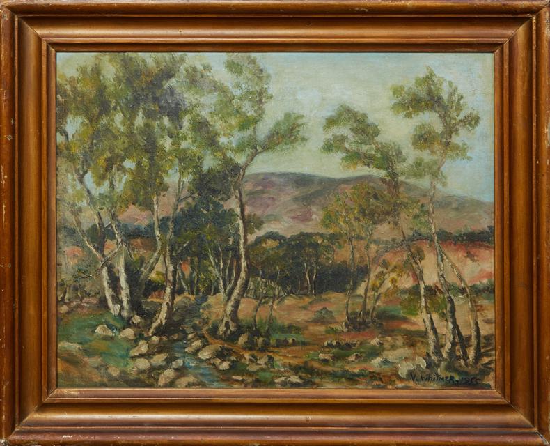 Velma Ruth Whitmer (1903-1977, California), "Green Canyon," 1955, oil on canvas board, signed and: Velma Ruth Whitmer (1903-1977, California), "Green Canyon," 1955, oil on canvas board, signed and dated lower right, presented in gilt frame, H.- 12 3/8 in., W.- 16 in., Framed H.- 16 3/4 in., W.- 20 