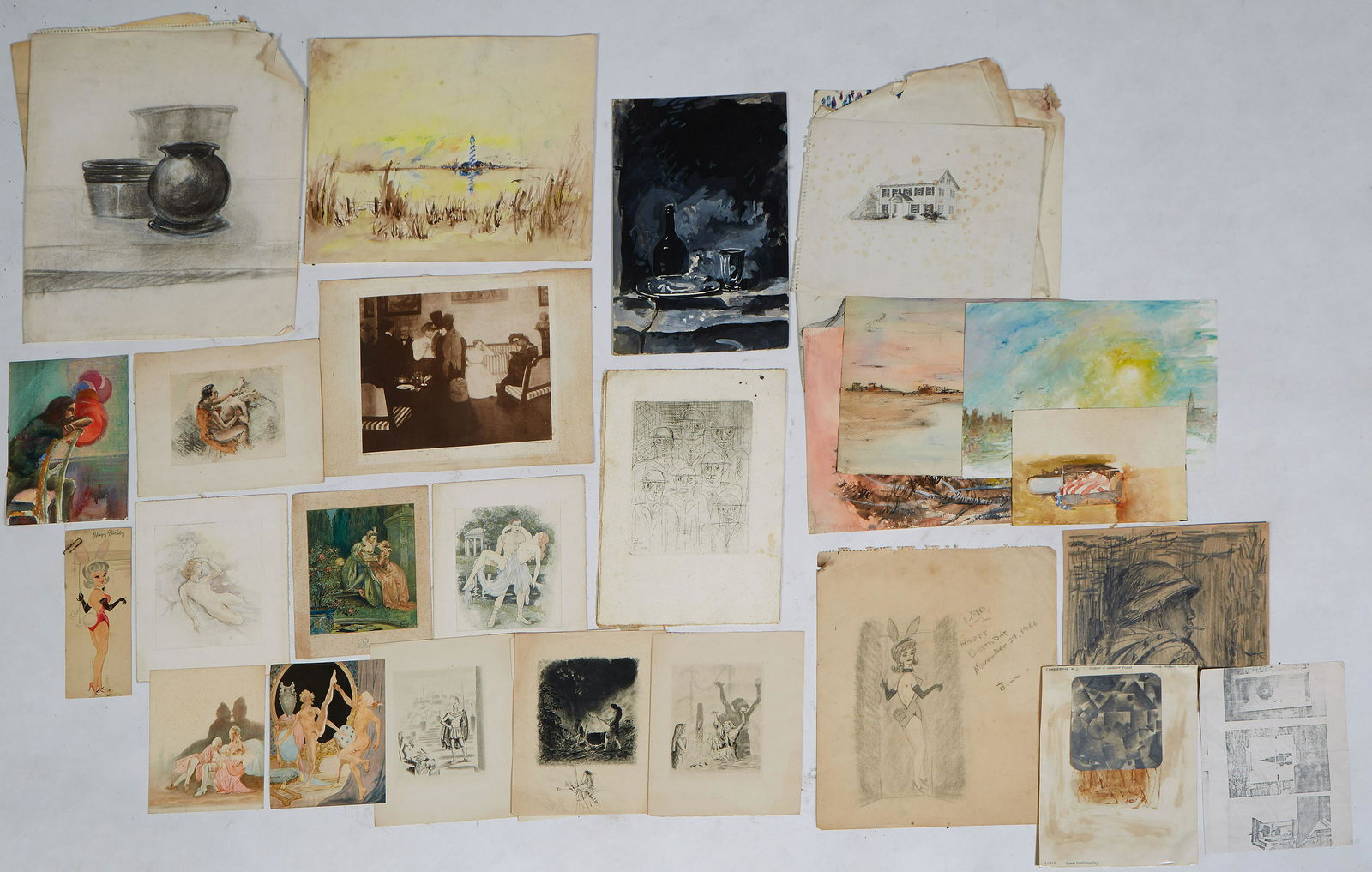 Portfolio of 34 mixed media works on paper, mid 20th c., some signed illegibly, unframed, various (1 of 1)