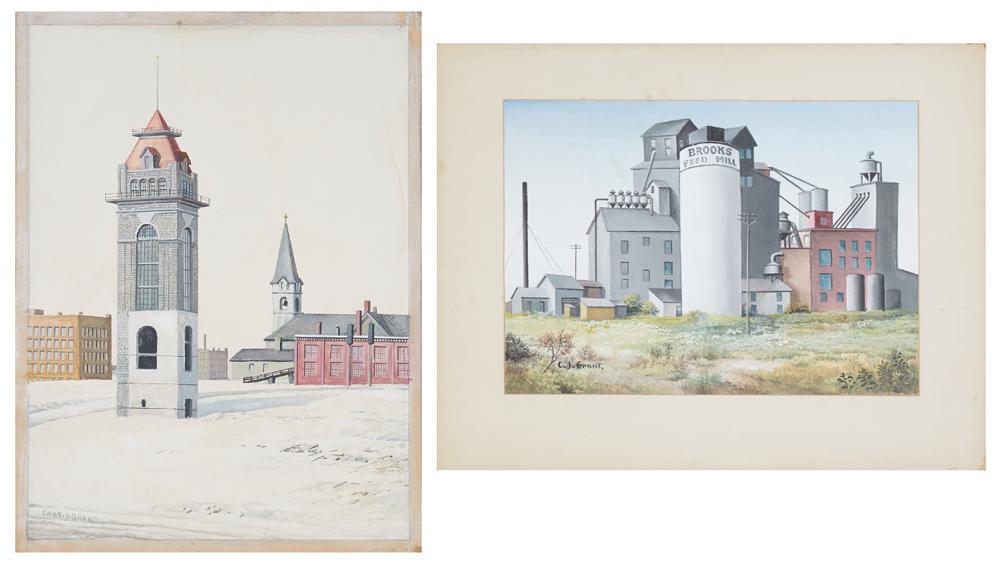Charles J. Grant (American), "The Exposition Tower," 1941, and "Brooks Feed Mill," 1936, pair of (1 of 8)