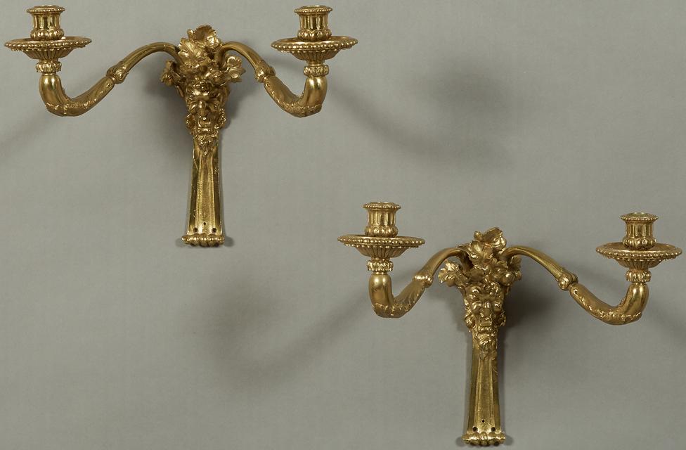 Pair of Bronze Two Light Wall Sconces, 20th c., the grotesque Bacchus head mounted back plate (1 of 7)