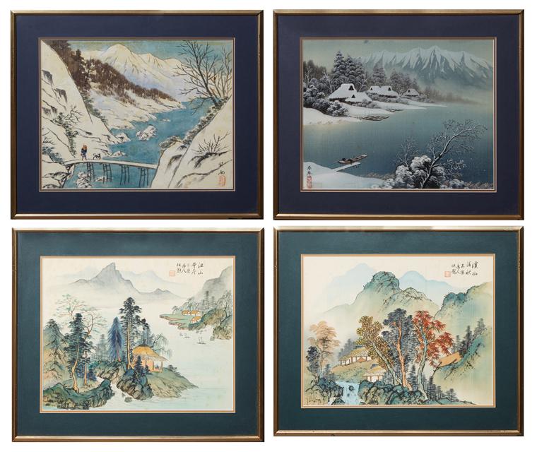 Chinese School, Group of Four Chinese Landscapes, 20th c., watercolors on silk, each presented in a (1 of 17)
