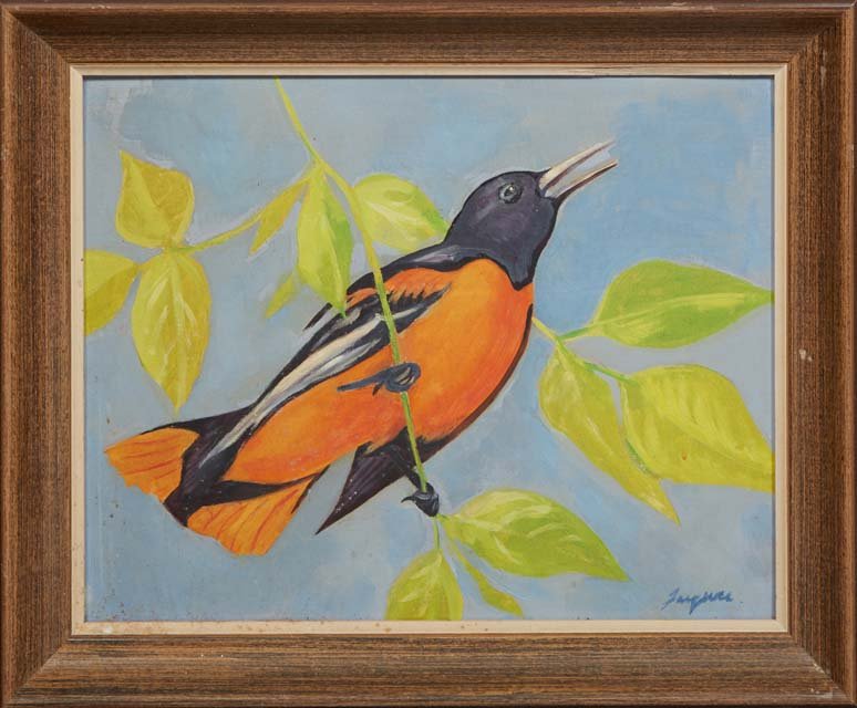 Jacques van Aalten (1907-1997, New Orleans), "Oriole Perched on a Branch," 1959, acrylic on canvas b (1 of 5)