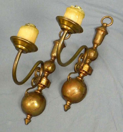 Pair of Dutch Brass Single Light Wall Sconces, 20t: Pair of Dutch Brass Single Light Wall Sconces, 20th c., the ball form back plates issuing scrolling arms, H.- 16 in., W.- 3 1/2 in., D.- 13 1/2 in.