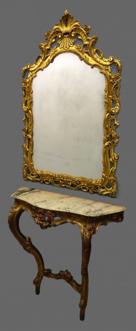 Louis XV Style Marble Top Gilt Console Table, 20th: Louis XV Style Marble Top Gilt Console Table, 20th c., the bowed a pierced skirt with floral decoration, on two cabriole legs joined by a scrolled stretcher,with a conforming shaped mirror with a pier