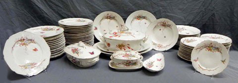 Seventy-One Piece Assembled Set of Limoges Porce: Seventy-One Piece Assembled Set of Limoges Porcelain Dinnerware, c. 1900, with scenic, floral and butterfly decoration, consisting of 10 dinner plates, 10 salad plates, 10 bread and butter plates, 10 