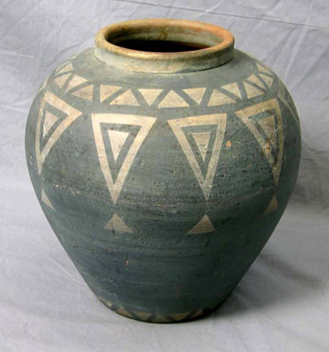 Large Baluster Form Earthenware Vase, early 20th c: Large Baluster Form Earthenware Vase, early 20th c, in blue paint, with geometric decoration, H.- 13 1/4 in., Dia.- 13 1/2 in.