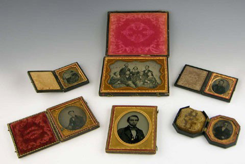 Group of Six Ambrotypes, including a half-plate p: Group of Six Ambrotypes, including a half-plate portrait of a family, in a leather case, separated at the hinges; a ninth-plate portrait of two well-dressed women, in a leather case; a quarter-plate p