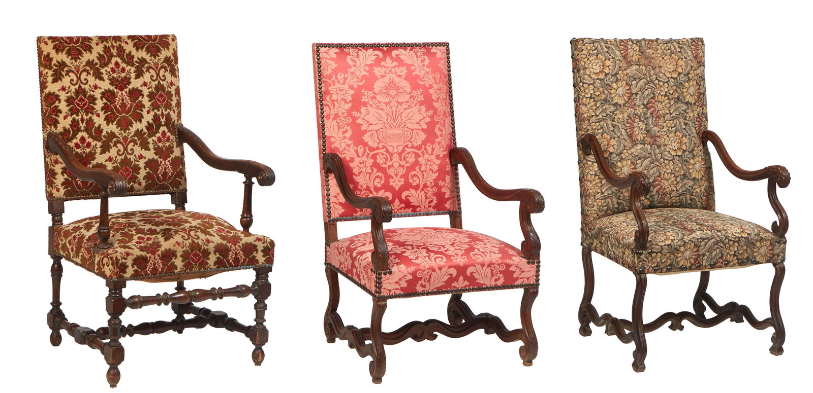 Group of Three French Louis XIV Style Carved Walnut Fauteuils a la Reine, 20th c., the rectangular: Group of Three French Louis XIV Style Carved Walnut Fauteuils a la Reine, 20th c., the rectangular canted upholstered back over scrolled arms and an upholstered seat, on cabriole legs joined by serpen