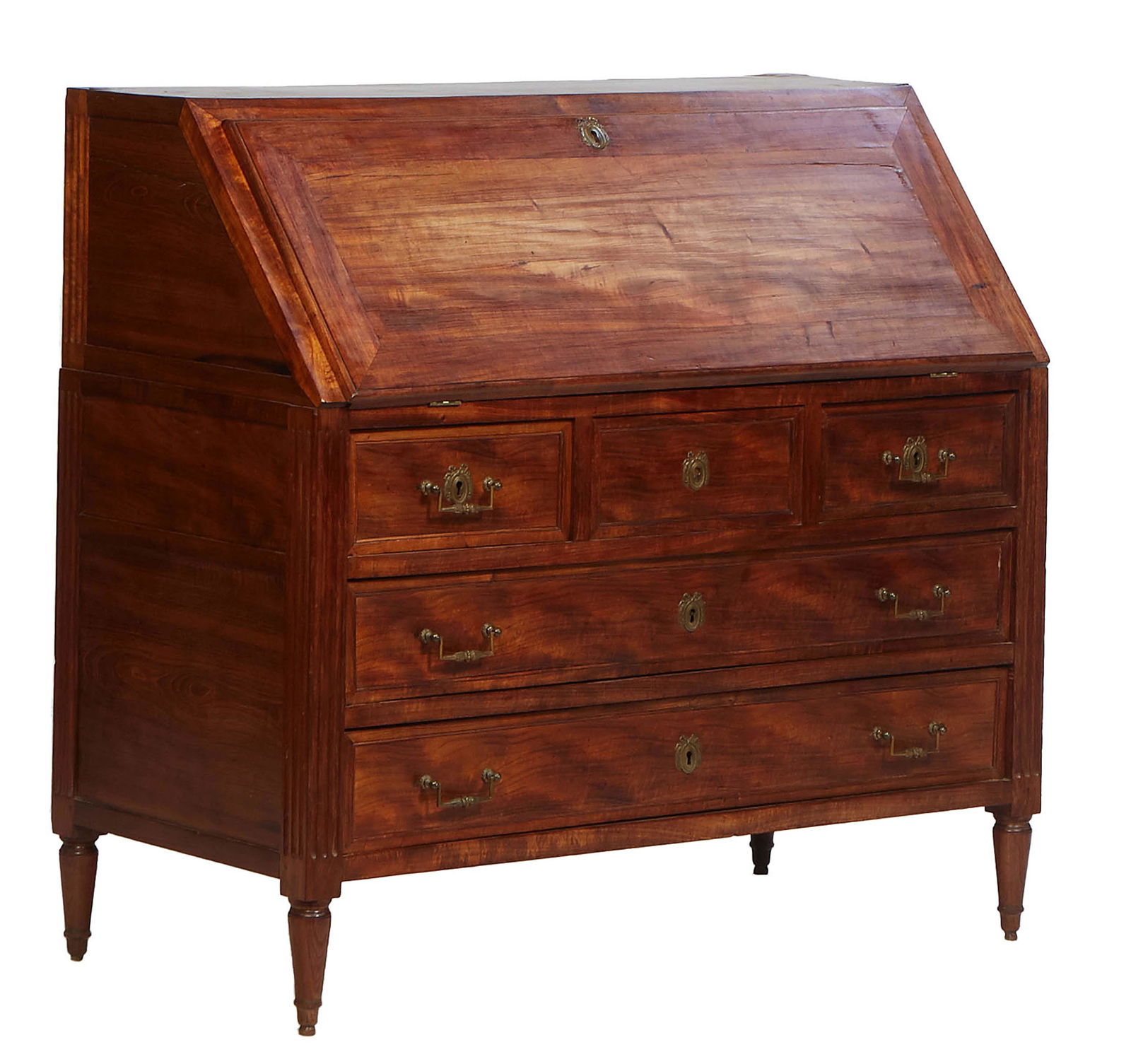 French Louis XV Style Carved Walnut Slant Front Desk, 19th c., the rectangular top over a slant lid (1 of 2)