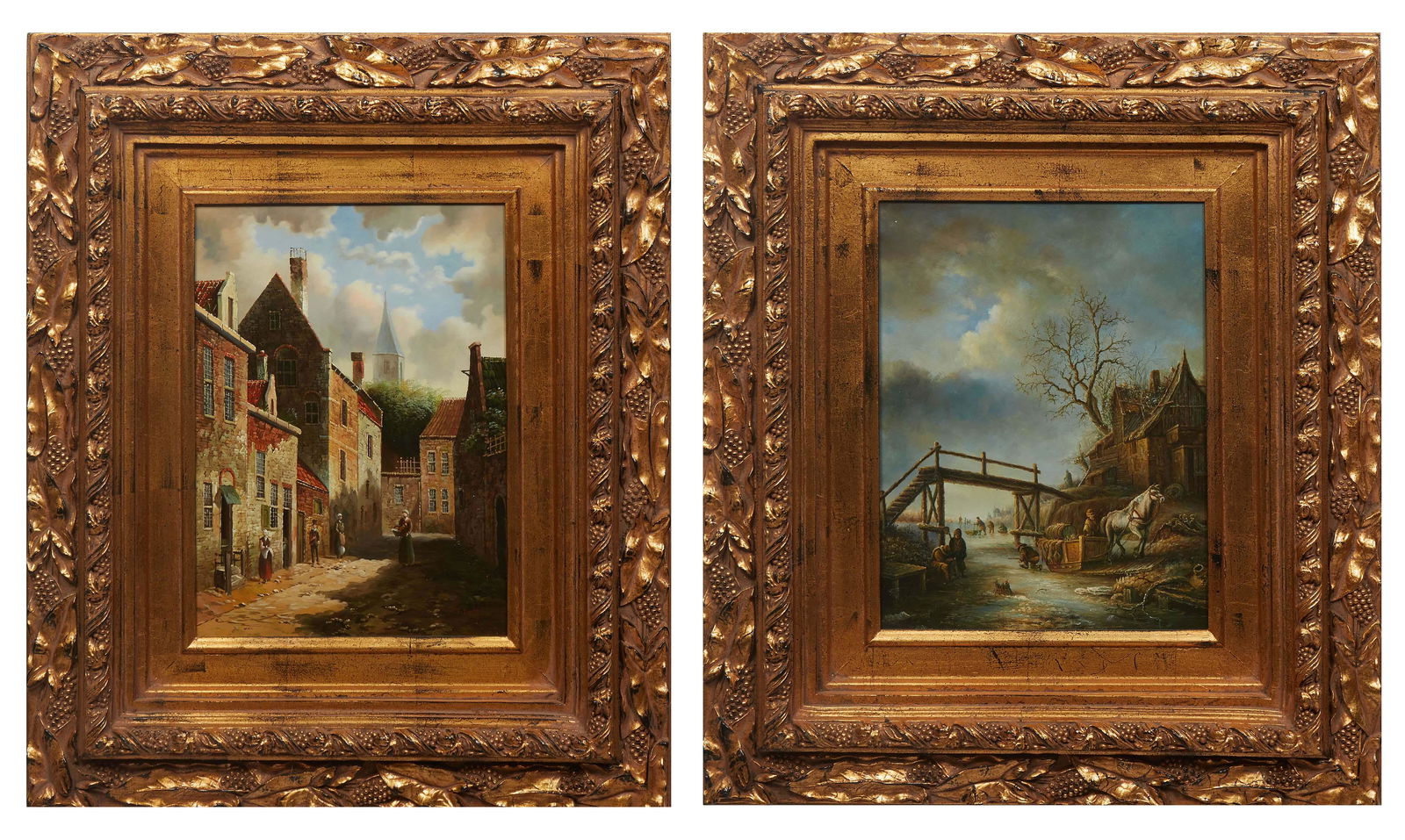 Chinese School, "European Street Scene," and "Winter River Scene," 20th c., pair of oils on board, (1 of 8)