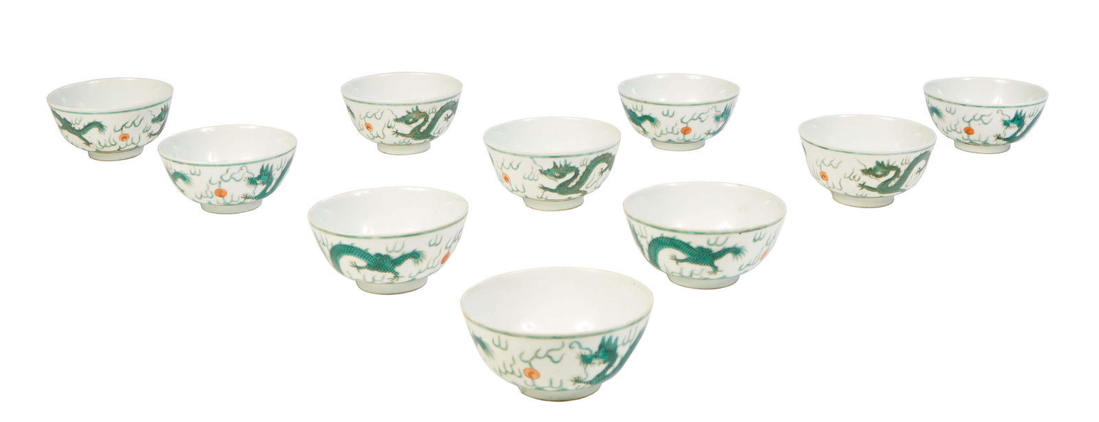 Set of Ten Chinese Doucai Rice Bowls, 20th c., with dragon decoration, the underside with a spurious: Set of Ten Chinese Doucai Rice Bowls, 20th c., with dragon decoration, the underside with a spurious Wan Li underglaze mark, H.- 2 1/4 in., Dia.- 4 1/2 in. (10 Pcs.)